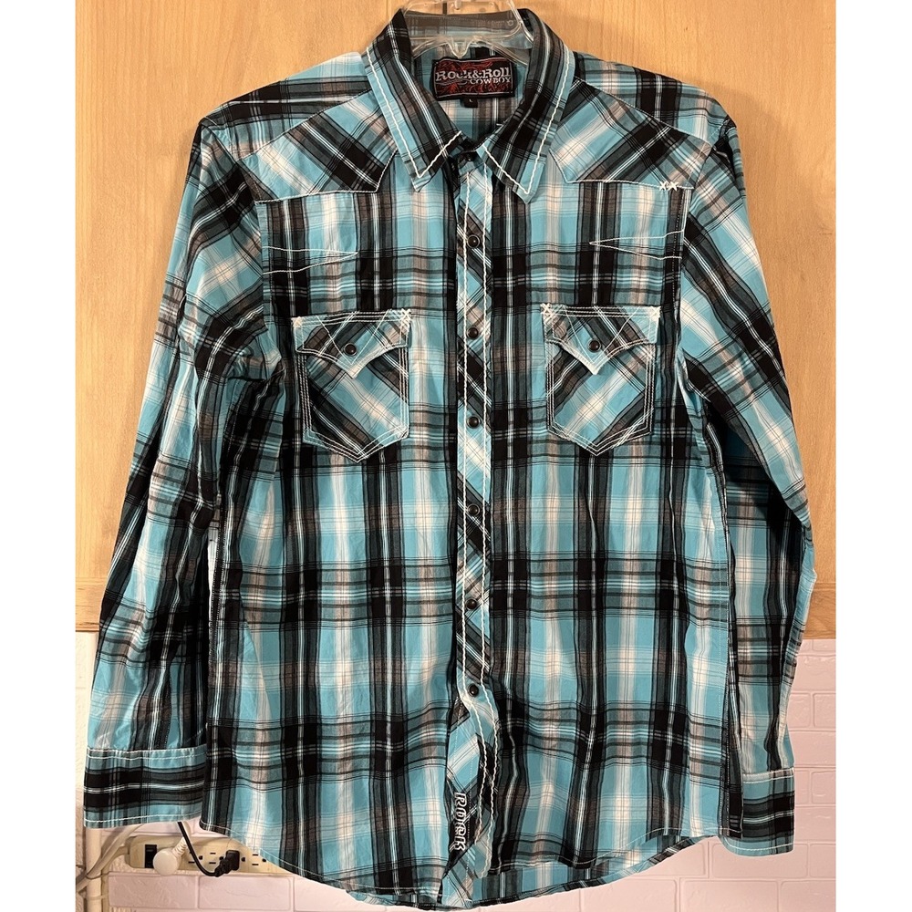 Rock & Roll Cowboy Western Shirt Mens Large Turquoise Black Plaid Snap B2S1360